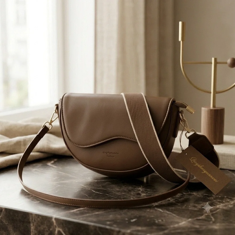 Minimalist Brown Saddle Crossbody Bag Chic Crescent Style with Adjustable Strap